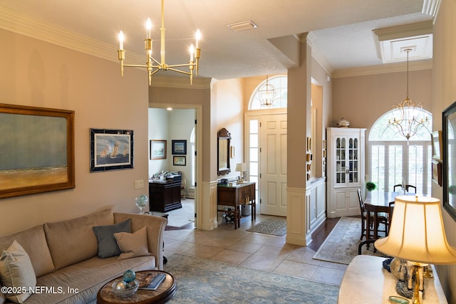13464 Ellsworth Ln, Jacksonville, FL 32225 - living area with a chandelier, crown molding, and light tile patterned flooring
