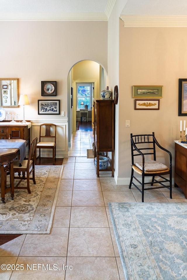 13464 Ellsworth Ln, Jacksonville, FL 32225 - corridor with arched walkways, ornamental molding, and tile patterned flooring