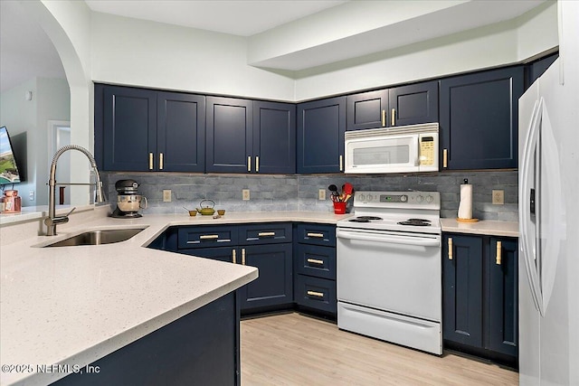 2404 Vista Cove Rd, Saint Augustine, FL 32084 - kitchen with white appliances, decorative backsplash, arched walkways, light wood-type flooring, and blue cabinets