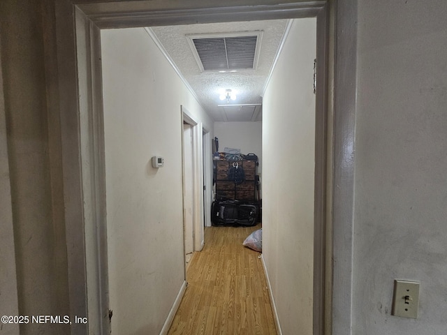 105 Owens Acres Dr, Macclenny, FL 32063 - hall featuring attic access, a textured ceiling, light wood-type flooring, and crown molding