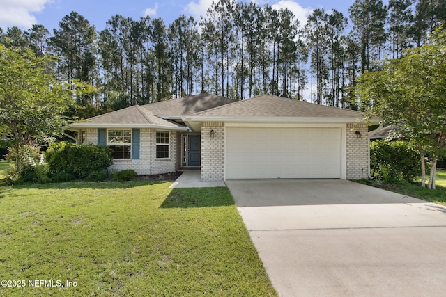 78262 Saddle Rock Rd, Yulee, FL 32097 - ranch-style house featuring a garage, brick siding, concrete driveway, a front lawn, and a shingled roof