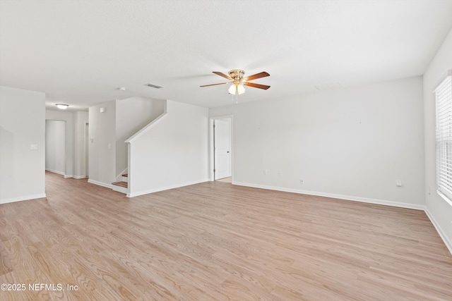 82 Birchfield Ln, Saint Augustine, FL 32092 - unfurnished living room featuring light wood-style floors, a ceiling fan, and stairs