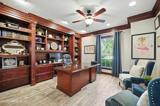 8483 Stables Rd, Jacksonville, FL 32256 - office featuring ceiling fan, ornamental molding, light wood-style floors, and recessed lighting
