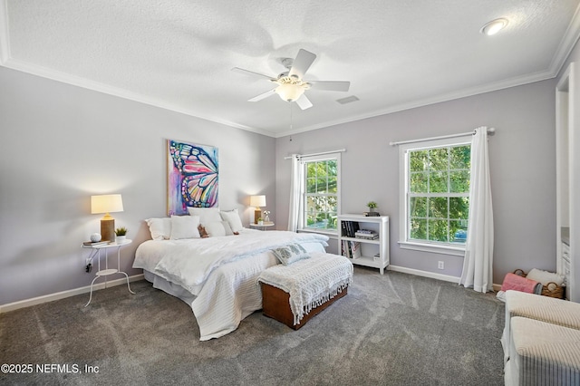 8483 Stables Rd, Jacksonville, FL 32256 - carpeted bedroom featuring crown molding, a ceiling fan, and a textured ceiling
