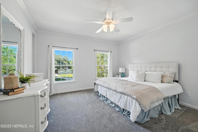 8483 Stables Rd, Jacksonville, FL 32256 - carpeted bedroom with a textured ceiling, ornamental molding, and ceiling fan