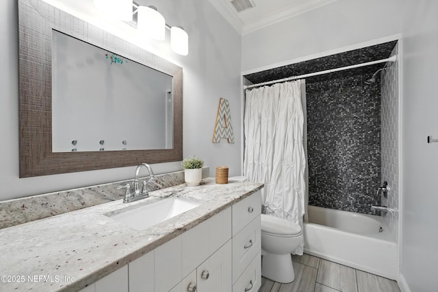 8483 Stables Rd, Jacksonville, FL 32256 - full bathroom with crown molding, vanity, and shower / tub combo with curtain
