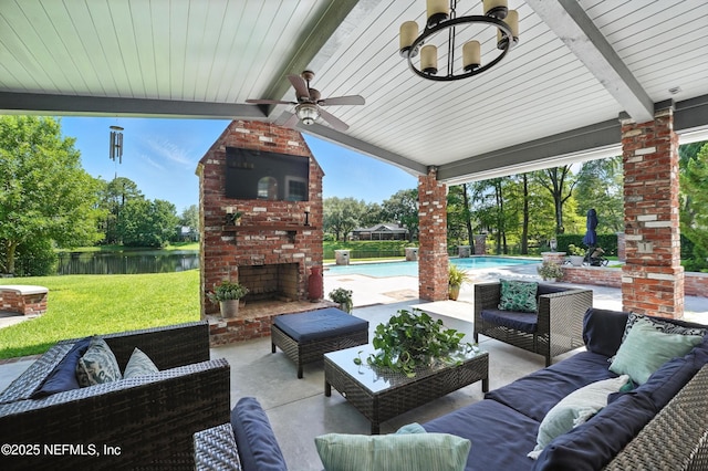 8483 Stables Rd, Jacksonville, FL 32256 - view of patio featuring an outdoor living space with a fireplace, an outdoor pool, and ceiling fan
