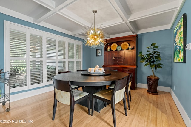 1786 Selva Marina Dr, Atlantic Beach, FL 32233 - dining space with coffered ceiling, a chandelier, light wood-style floors, and beamed ceiling