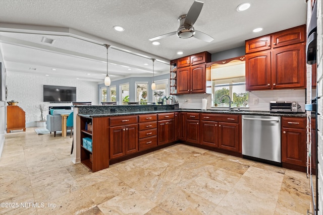 1786 Selva Marina Dr, Atlantic Beach, FL 32233 - kitchen with stainless steel dishwasher, open shelves, healthy amount of natural light, a ceiling fan, and recessed lighting