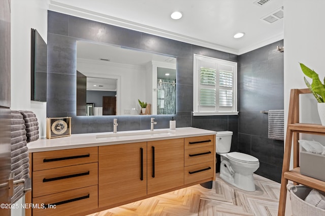 1786 Selva Marina Dr, Atlantic Beach, FL 32233 - full bath featuring tile walls, vanity, ornamental molding, and recessed lighting