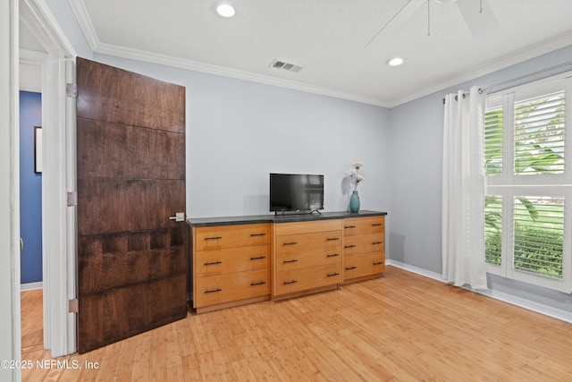 1786 Selva Marina Dr, Atlantic Beach, FL 32233 - bedroom featuring light wood-style floors, crown molding, recessed lighting, an office area, and a ceiling fan