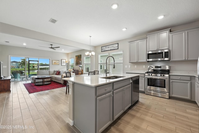 68 Ash Breeze Cv, Saint Augustine, FL 32095 - kitchen featuring stainless steel appliances, gray cabinets, open floor plan, light countertops, and light wood finished floors