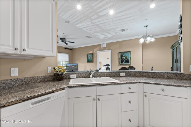 160 Legendary Dr Unit 204, Saint Augustine, FL 32092 - kitchen featuring white dishwasher, white cabinets, ornamental molding, a ceiling fan, and decorative light fixtures