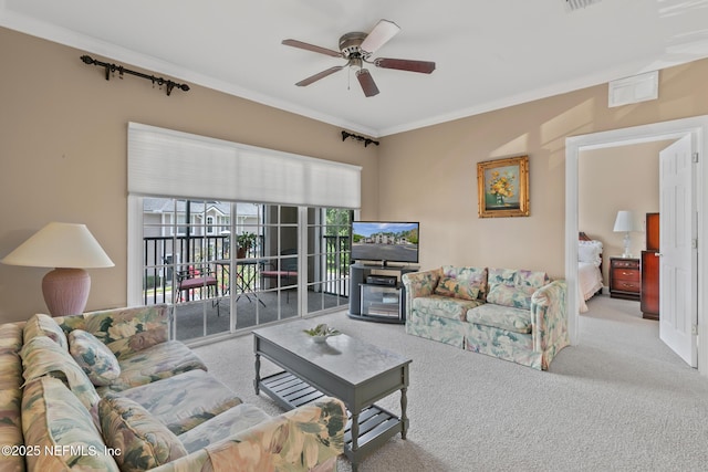 160 Legendary Dr Unit 204, Saint Augustine, FL 32092 - living area featuring carpet flooring, ceiling fan, ornamental molding, and track lighting