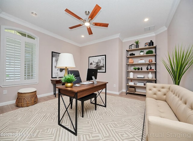 1356 Barrington Cir, Saint Augustine, FL 32092 - office featuring light wood finished floors, ceiling fan, recessed lighting, and ornamental molding