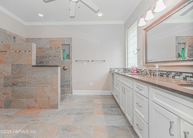 1356 Barrington Cir, Saint Augustine, FL 32092 - full bathroom with ornamental molding, double vanity, walk in shower, ceiling fan, and a textured ceiling