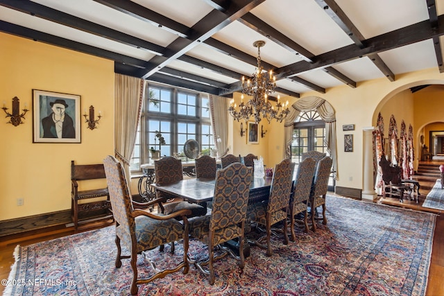 1185 Ponte Vedra Blvd, Ponte Vedra Beach, FL 32082 - dining space with wood finished floors, arched walkways, a chandelier, plenty of natural light, and beamed ceiling