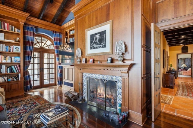 1185 Ponte Vedra Blvd, Ponte Vedra Beach, FL 32082 - living area featuring a tile fireplace, french doors, a wood ceiling with exposed beams, and high vaulted ceiling