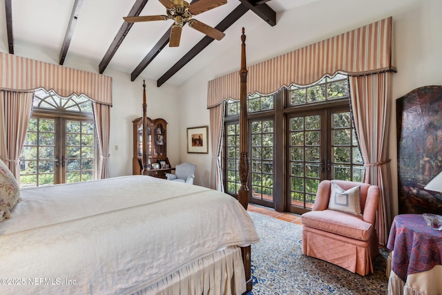 1185 Ponte Vedra Blvd, Ponte Vedra Beach, FL 32082 - tiled bedroom with french doors, beamed ceiling, and high vaulted ceiling