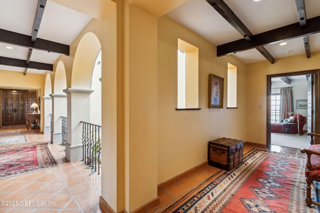 1185 Ponte Vedra Blvd, Ponte Vedra Beach, FL 32082 - hallway with beamed ceiling, tile patterned floors, coffered ceiling, and recessed lighting