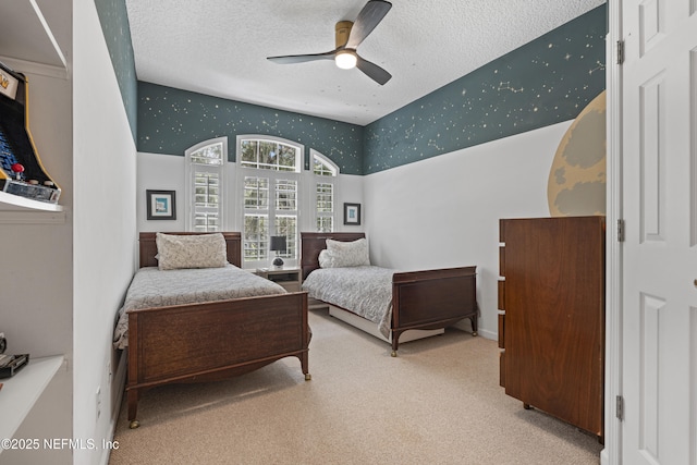 312 Bartram Trl, Saint Johns, FL 32259 - carpeted bedroom with a textured ceiling, a towering ceiling, and ceiling fan