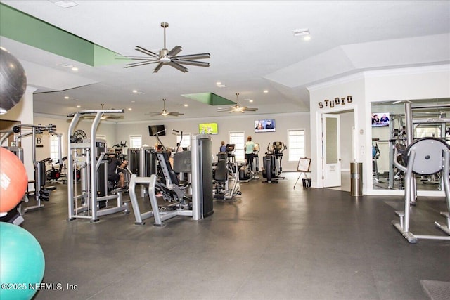 336 Edge Of Woods Rd, Saint Augustine, FL 32092 - workout area featuring a ceiling fan, recessed lighting, and crown molding