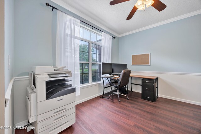 2502 Willow Creek Dr, Fleming Island, FL 32003 - office with a ceiling fan, crown molding, dark wood-style flooring, and a textured ceiling