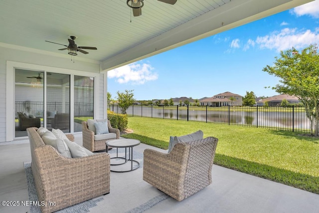 246 Glenneyre Cir, Saint Augustine, FL 32092 - fenced backyard featuring ceiling fan, a water view, and a patio