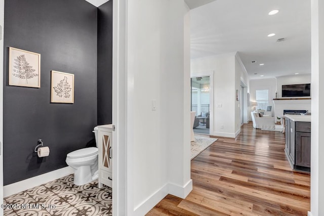 246 Glenneyre Cir, Saint Augustine, FL 32092 - bathroom with wood finished floors, a fireplace, vanity, and recessed lighting