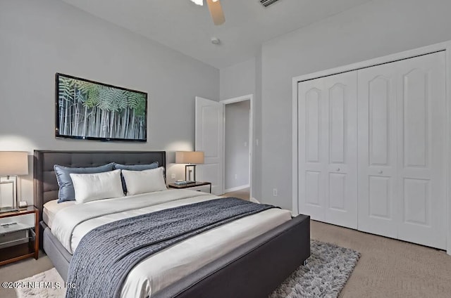 644 Casa Fuerta Ln, Saint Augustine, FL 32080 - bedroom with light carpet, a closet, and a ceiling fan