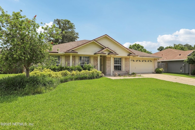 1835 Harbor Island Dr, Fleming Island, FL 32003 - ranch-style house featuring a garage, driveway, a front yard, brick siding, and a shingled roof