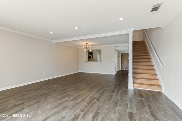 7855 La Sierra Ct Unit 7855, Jacksonville, FL 32256 - unfurnished living room featuring stairs, wood finished floors, recessed lighting, a chandelier, and crown molding