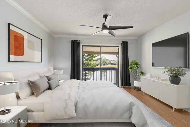 7855 La Sierra Ct Unit 7855, Jacksonville, FL 32256 - bedroom featuring access to outside, wood finished floors, a textured ceiling, crown molding, and ceiling fan