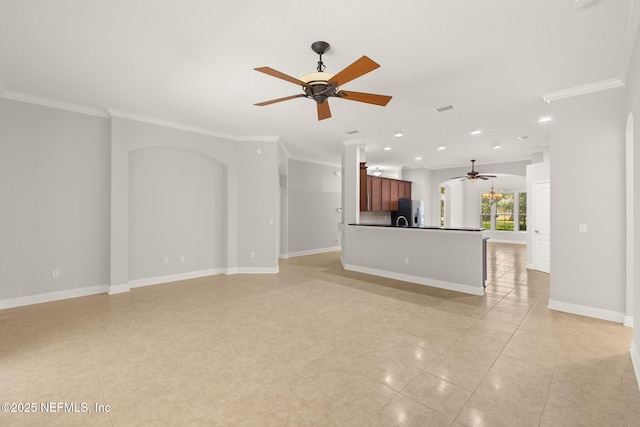 100 Cummer Way, Saint Augustine, FL 32095 - unfurnished living room featuring ceiling fan, ornamental molding, light tile patterned flooring, and recessed lighting