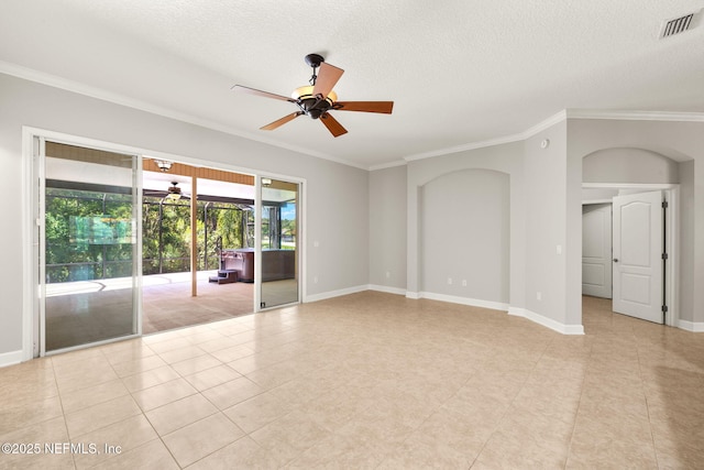 100 Cummer Way, Saint Augustine, FL 32095 - empty room featuring a ceiling fan, crown molding, arched walkways, a textured ceiling, and light tile patterned flooring