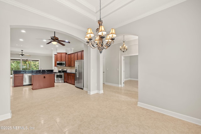 100 Cummer Way, Saint Augustine, FL 32095 - kitchen with appliances with stainless steel finishes, open floor plan, dark countertops, arched walkways, and recessed lighting