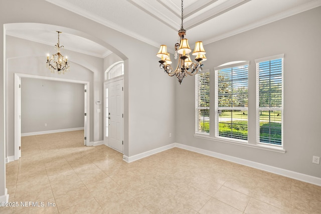100 Cummer Way, Saint Augustine, FL 32095 - unfurnished room with a chandelier, arched walkways, ornamental molding, plenty of natural light, and light tile patterned flooring