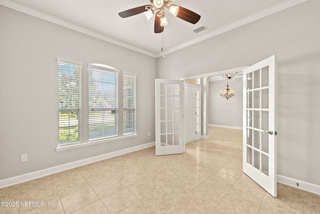 100 Cummer Way, Saint Augustine, FL 32095 - spare room with french doors, crown molding, light tile patterned floors, a chandelier, and ceiling fan