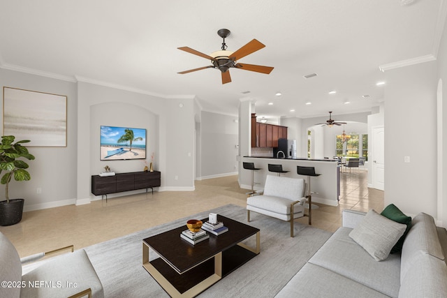 100 Cummer Way, Saint Augustine, FL 32095 - living area featuring ceiling fan, light tile patterned flooring, crown molding, and recessed lighting