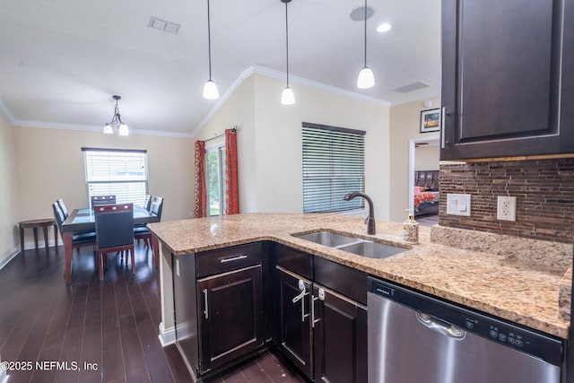11115 Parkside Preserve Way, Jacksonville, FL 32257 - kitchen featuring stainless steel dishwasher, light stone countertops, ornamental molding, backsplash, and dark wood-style flooring