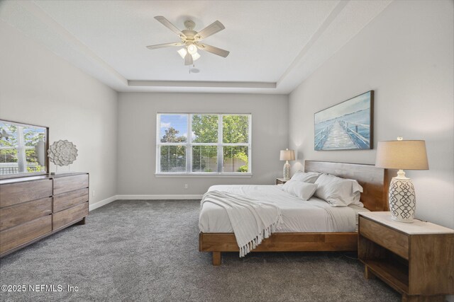 168 Bronson Pkwy, Saint Augustine, FL 32095 - bedroom with a tray ceiling, dark carpet, and ceiling fan