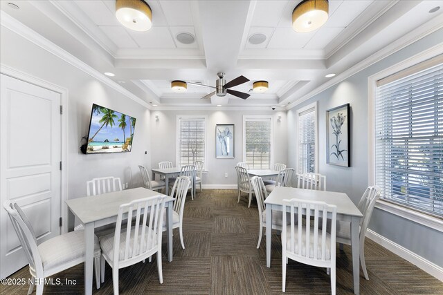 168 Bronson Pkwy, Saint Augustine, FL 32095 - dining room featuring ceiling fan, crown molding, and coffered ceiling