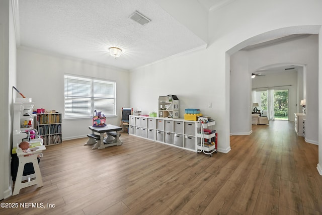 6105 Caladesi Ct, Jacksonville, FL 32258 - playroom with arched walkways, wood finished floors, ornamental molding, and a textured ceiling