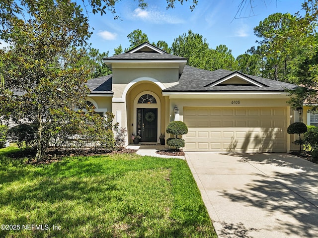 6105 Caladesi Ct, Jacksonville, FL 32258 - traditional-style house with roof with shingles, stucco siding, concrete driveway, an attached garage, and a front lawn