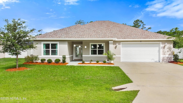 20 Evansville Ln, Palm Coast, FL 32164 - ranch-style home with driveway, an attached garage, stucco siding, a shingled roof, and a front yard