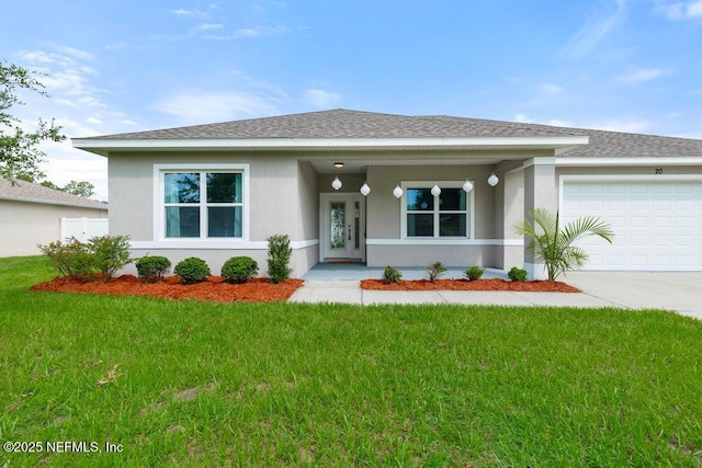 20 Evansville Ln, Palm Coast, FL 32164 - ranch-style home featuring stucco siding, concrete driveway, a garage, and a front yard