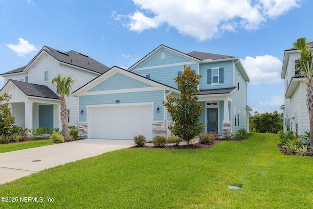 174 Torres Trce, Saint Augustine, FL 32095 - craftsman-style house with an attached garage, concrete driveway, a front yard, and stone siding
