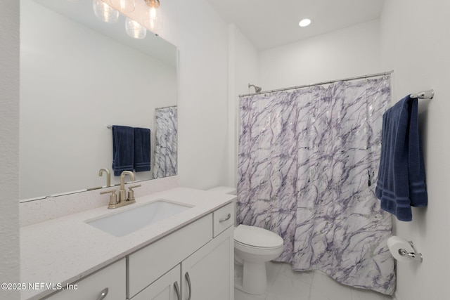 174 Torres Trce, Saint Augustine, FL 32095 - bathroom with vanity, marble finish flooring, recessed lighting, and a shower with curtain