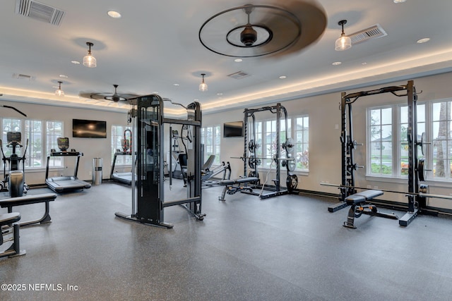 174 Torres Trce, Saint Augustine, FL 32095 - gym featuring a ceiling fan and a tray ceiling