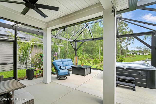 105 Meadow Creek Dr, Saint Johns, FL 32259 - sunroom / solarium with a hot tub, outdoor lounge area, and a ceiling fan